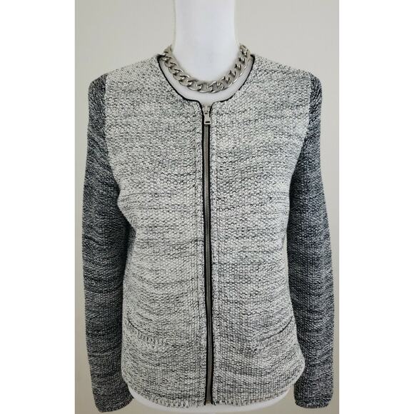 Talbots ~Woman M~ White/Black, Silver Strips Cardigan Sweater Knit Zip-Up Jacket - Picture 3 of 12